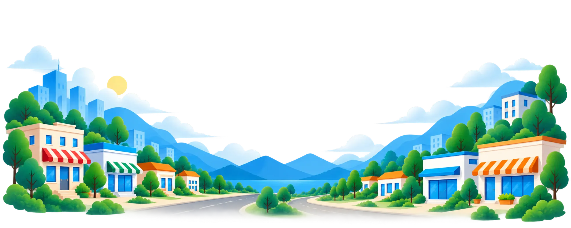 Illustration of a local town of shops, trees and roads