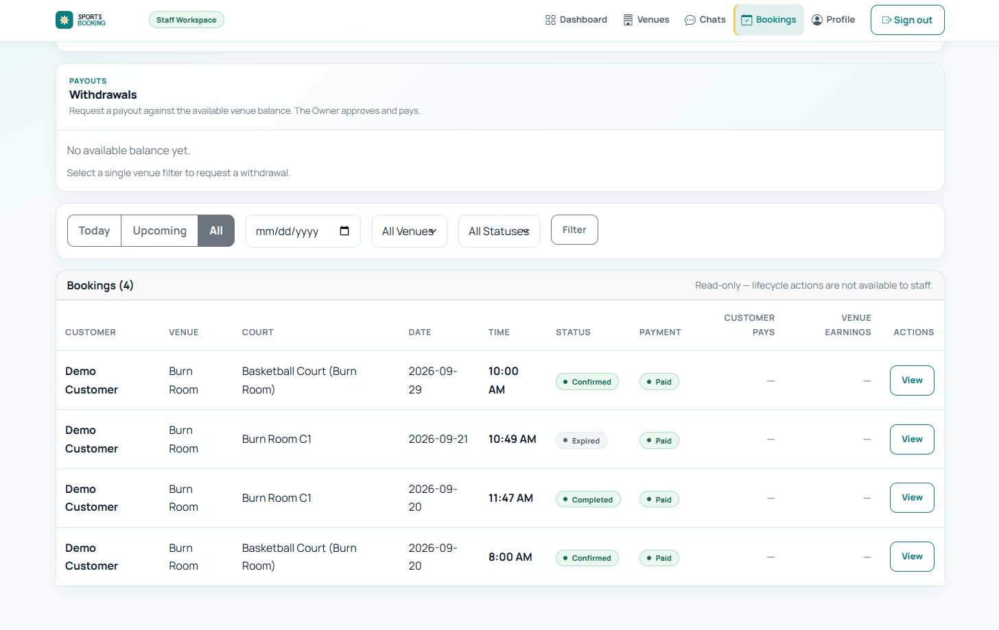 ShopNodes sports venue staff workspace showing bookings